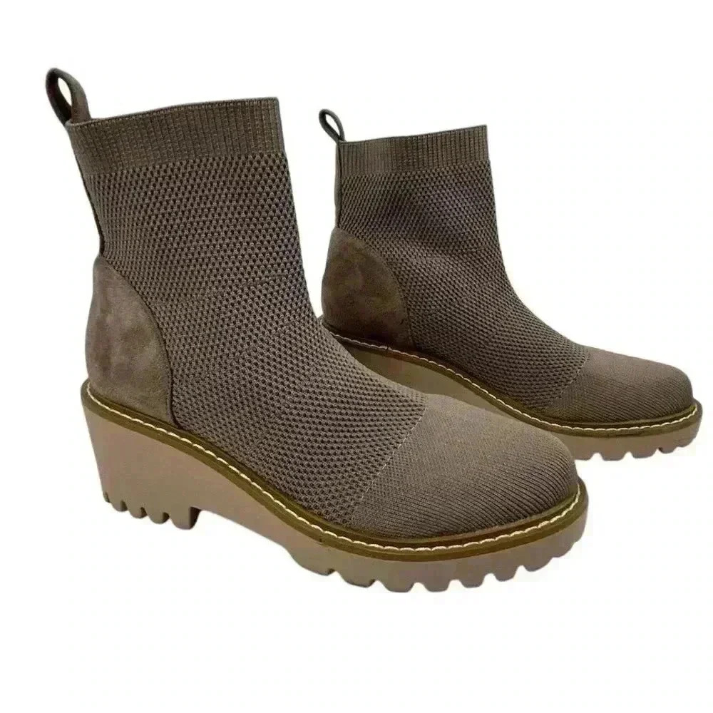 Nicole Miller Women's Beige Sock Ankle Boots Size 7.5 Wedge Sole